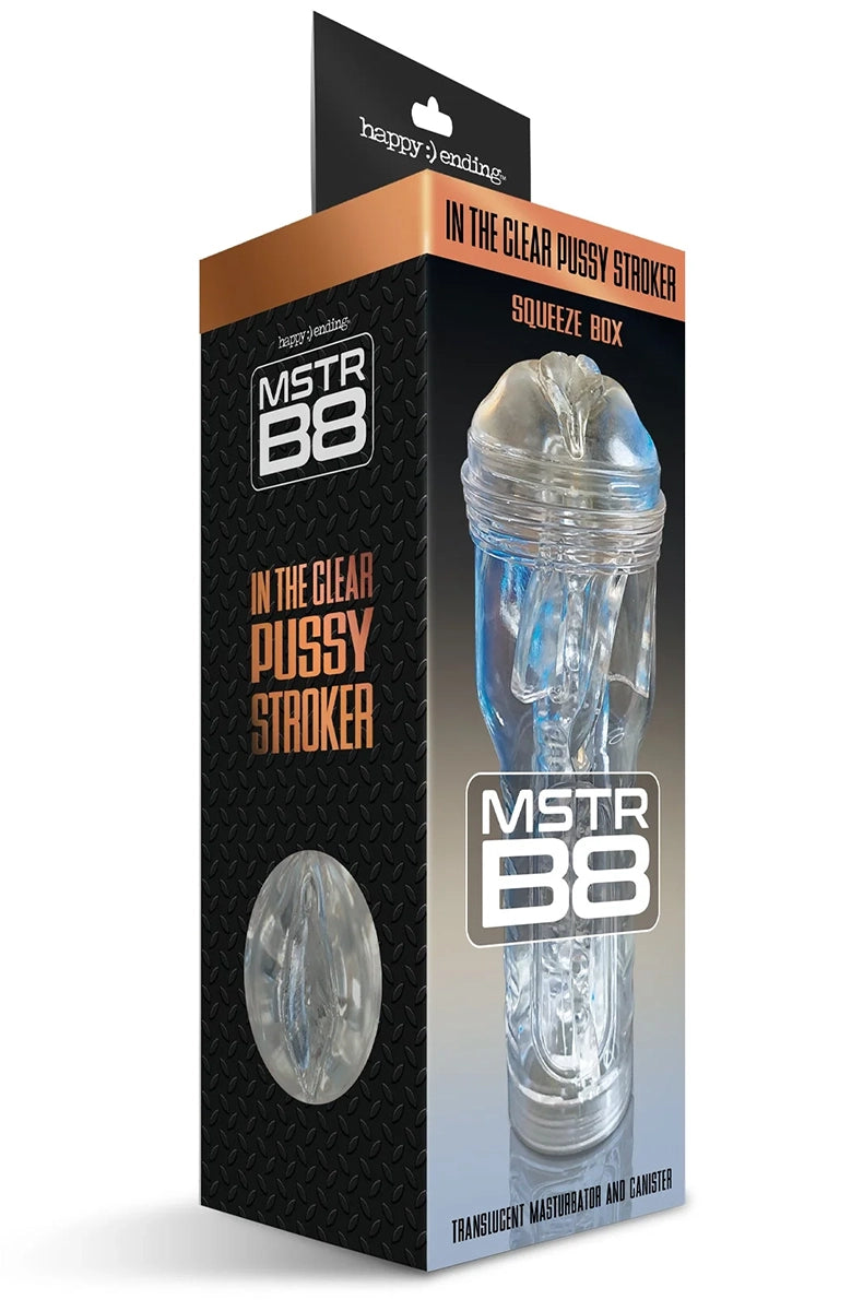 Happy Endings clear pussy stroker side view showing the ring-gripped canister and closed adjustable suction cap.