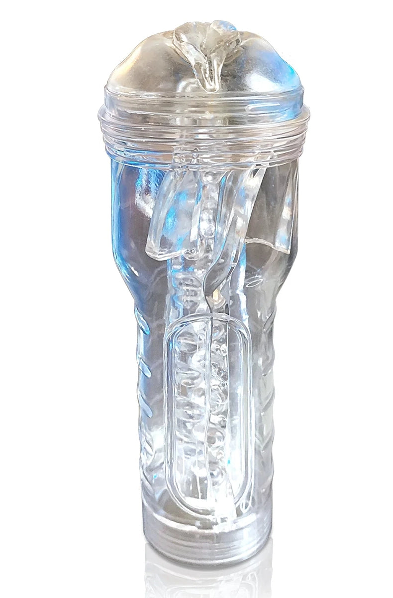 Translucent clear TPE pussy stroker with textured tunnel inside a clear ring-gripped canister, vulva-shaped entry.