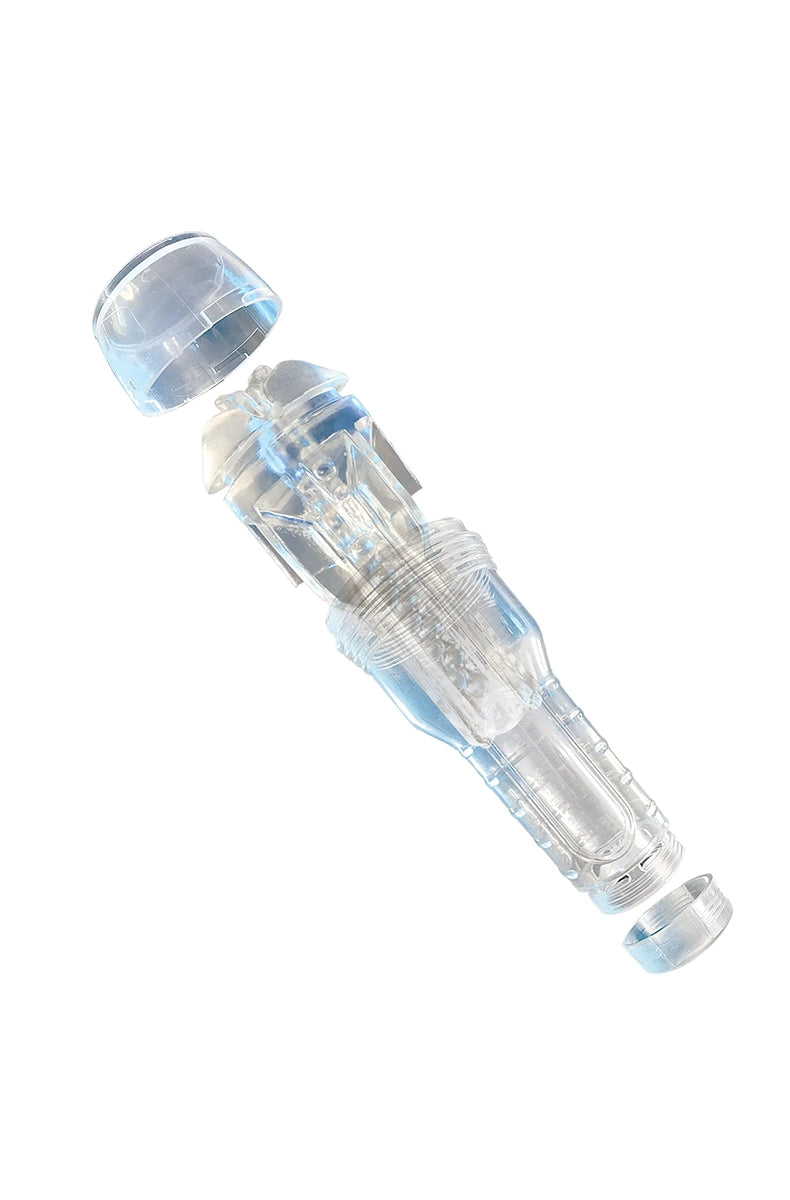 Happy Endings clear stroker disassembled, showing the TPE sleeve next to the clear plastic canister.