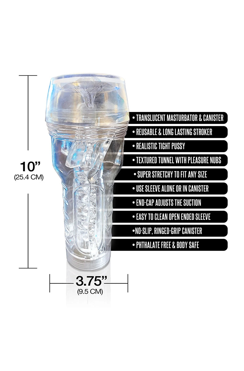 Happy Endings clear stroker viewed from the top showing the pussy-shaped entry and ribbed sleeve interior.