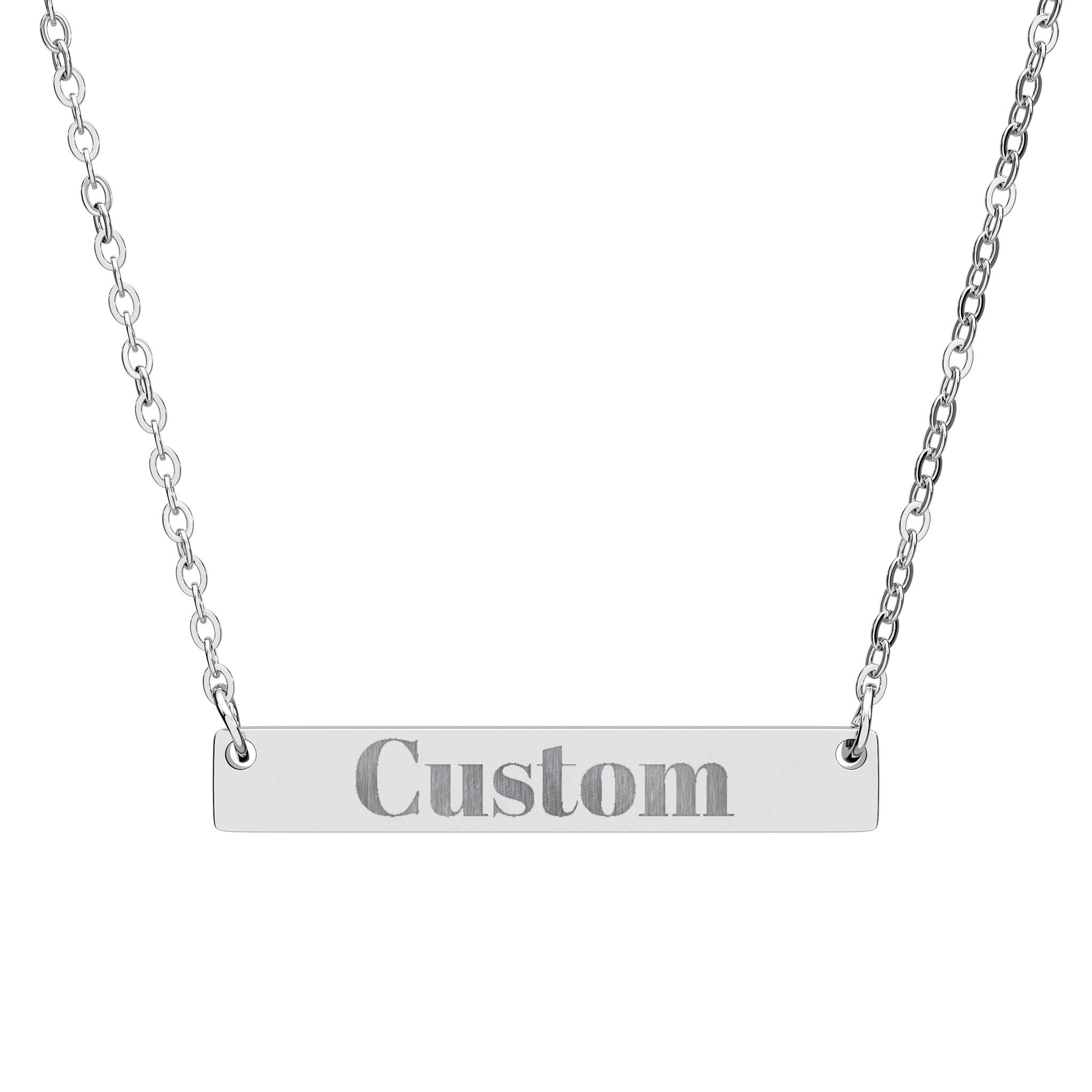 Silver bar necklace with 'Custom' engraving on a white background