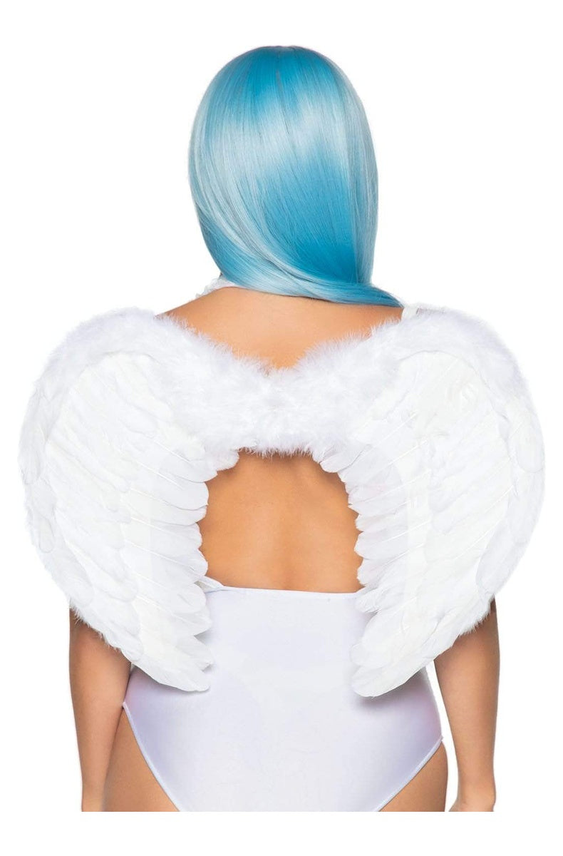 White marabou trimmed feather angel wings, back view