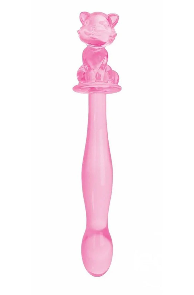 Front view of pink glass dildo with a sculpted seated kitty cat figurine on top and a rounded tip at the bottom.