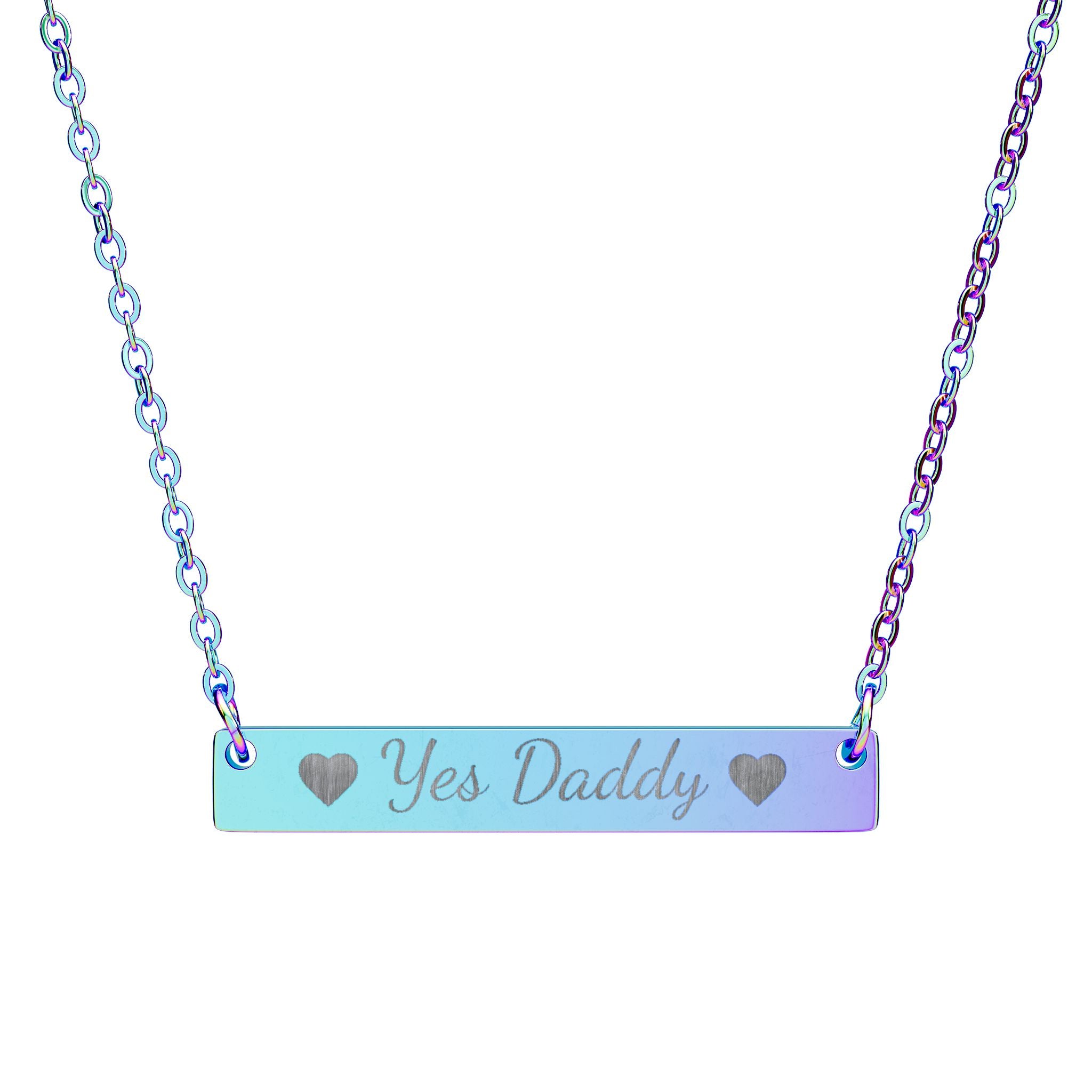 Necklace with 'yes daddy' pendant on a white background