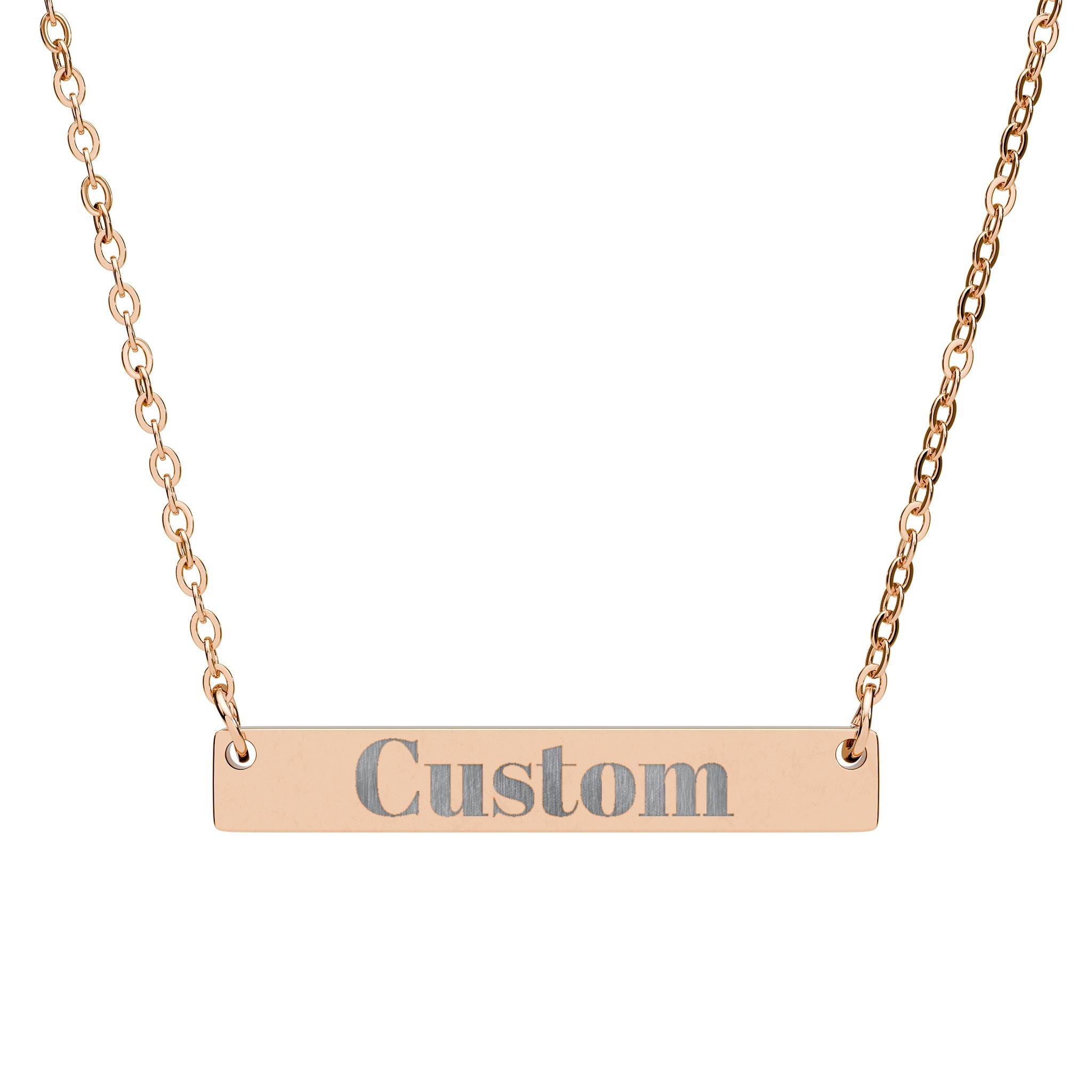 Rose gold necklace with a bar pendant inscribed 'Custom' on a white background