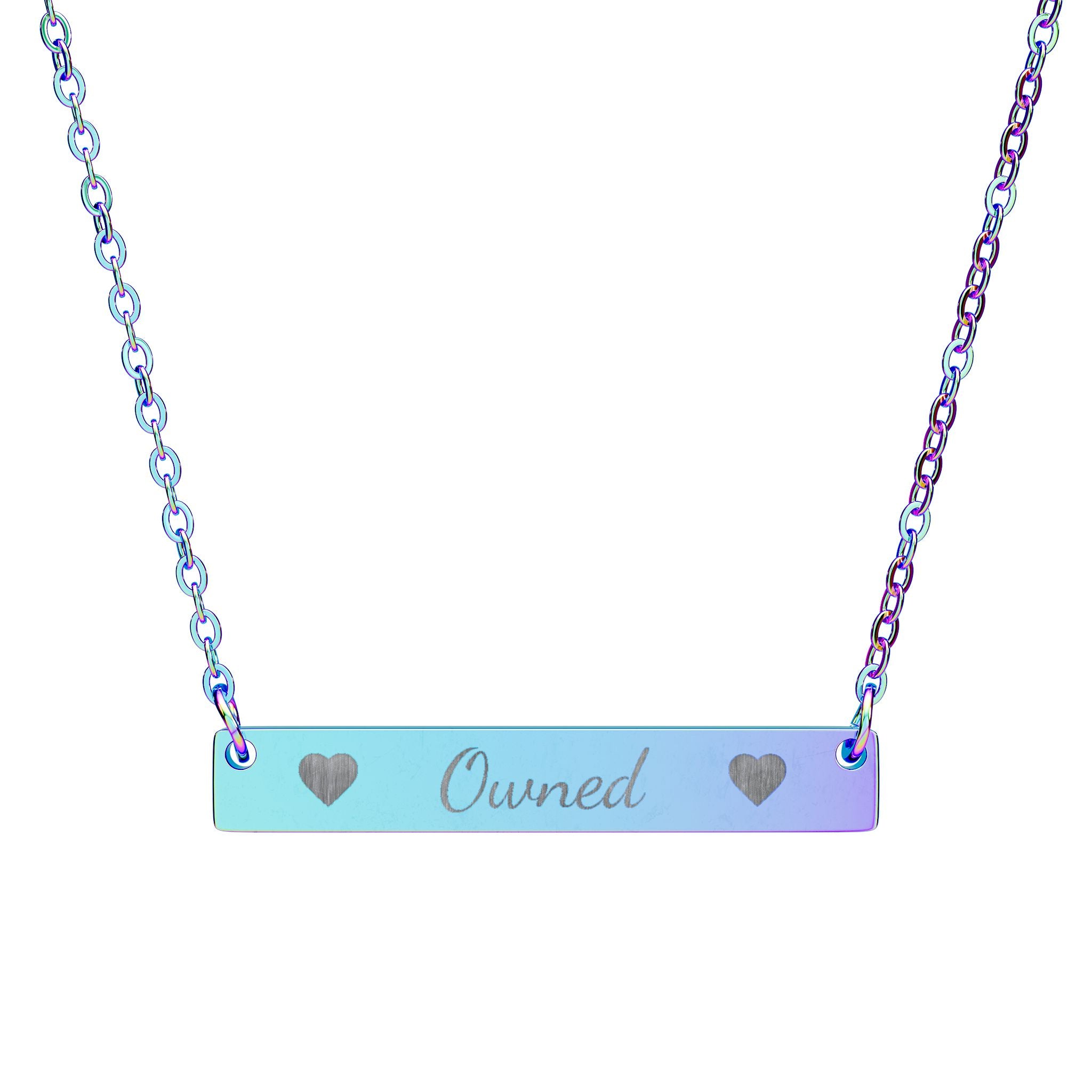 Necklace with 'Owned' engraving on a gradient blue and purple bar pendant.