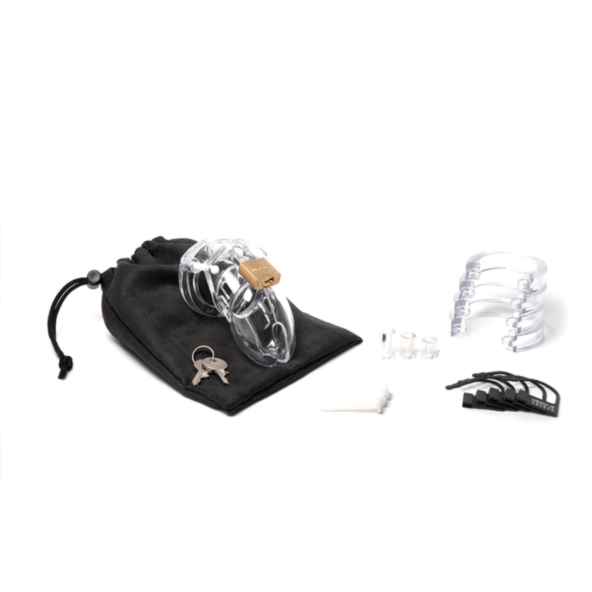 Clear chastity cage kit: locked cage, keys, pins, five clear rings, five numbered black plastic locks, and a black pouch.