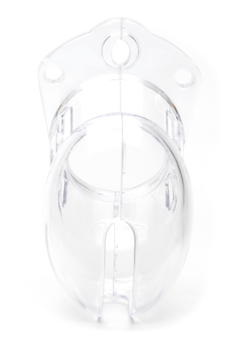 Clear chastity cage seen from the base showing the guide-pin holes and ring opening, on a white background.