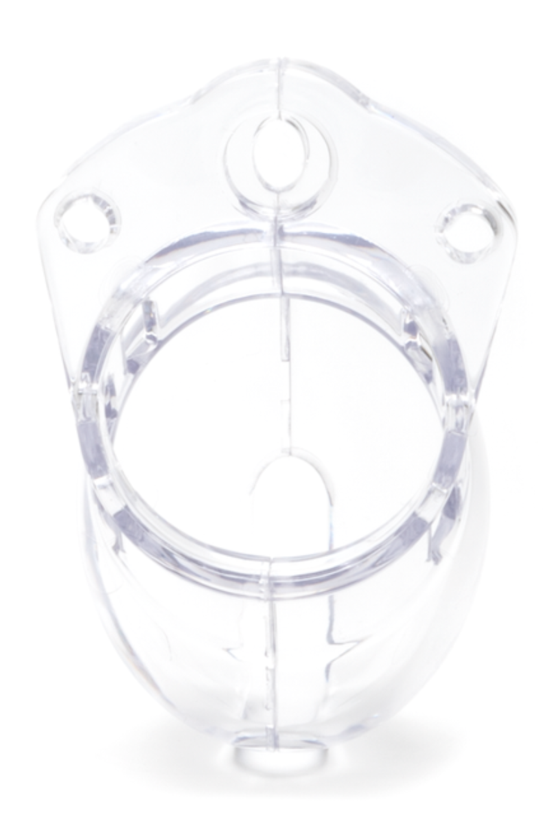 Clear chastity cage front view showing the ring connection and locking holes, on a white background.