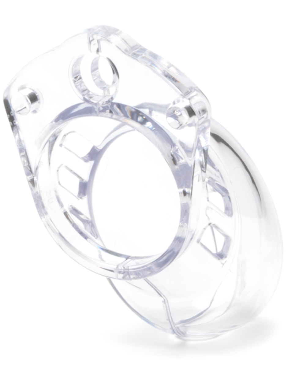 Clear chastity cage at a three-quarter angle showing the U-ring with guide-pin holes and vented cage, on white.