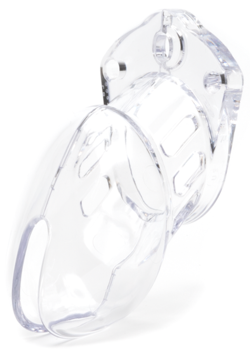 Clear chastity cage profile without the lock, showing the vented cage and flat base ring, on a white background.
