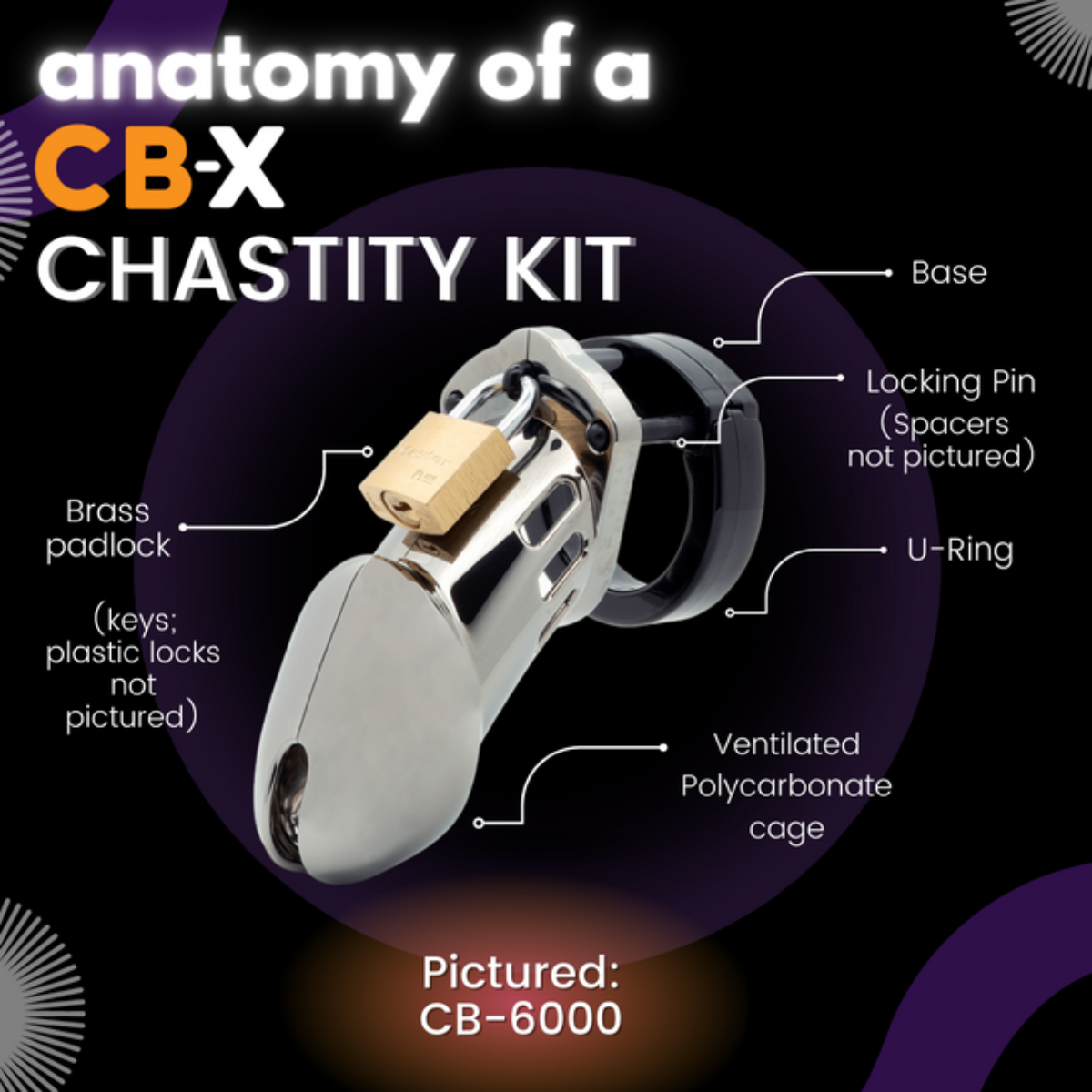 Anatomy infographic of a CB-X chastity kit labeling base, locking pin, U-ring, ventilated cage, and brass padlock.