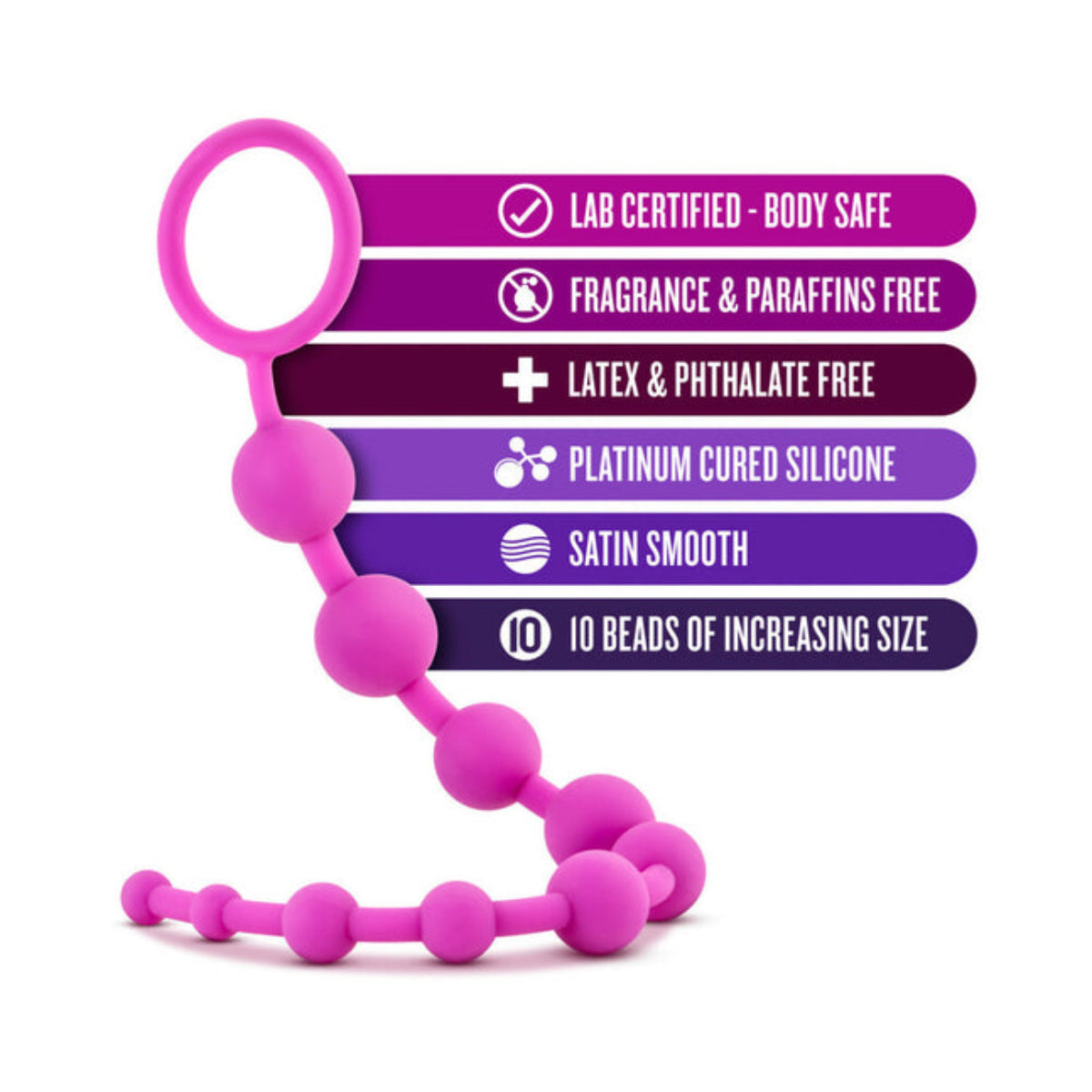 Pink silicone anal beads beside labels: body safe, fragrance, paraffin, latex, phthalate free, platinum cured silicone.
