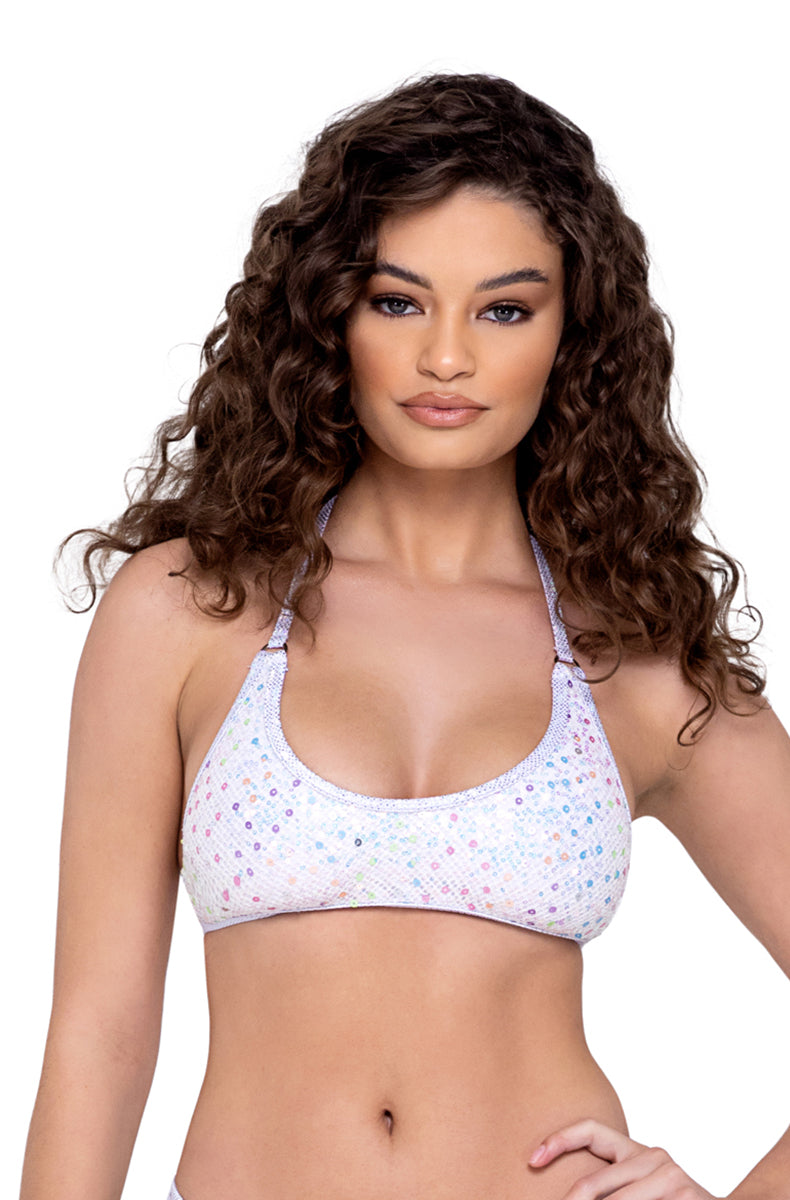 Model wearing white iridescent sequin bra top with adjustable back ties