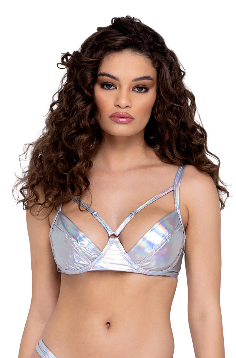 Model wearing silver holographic underwire bra top with adjustable front straps