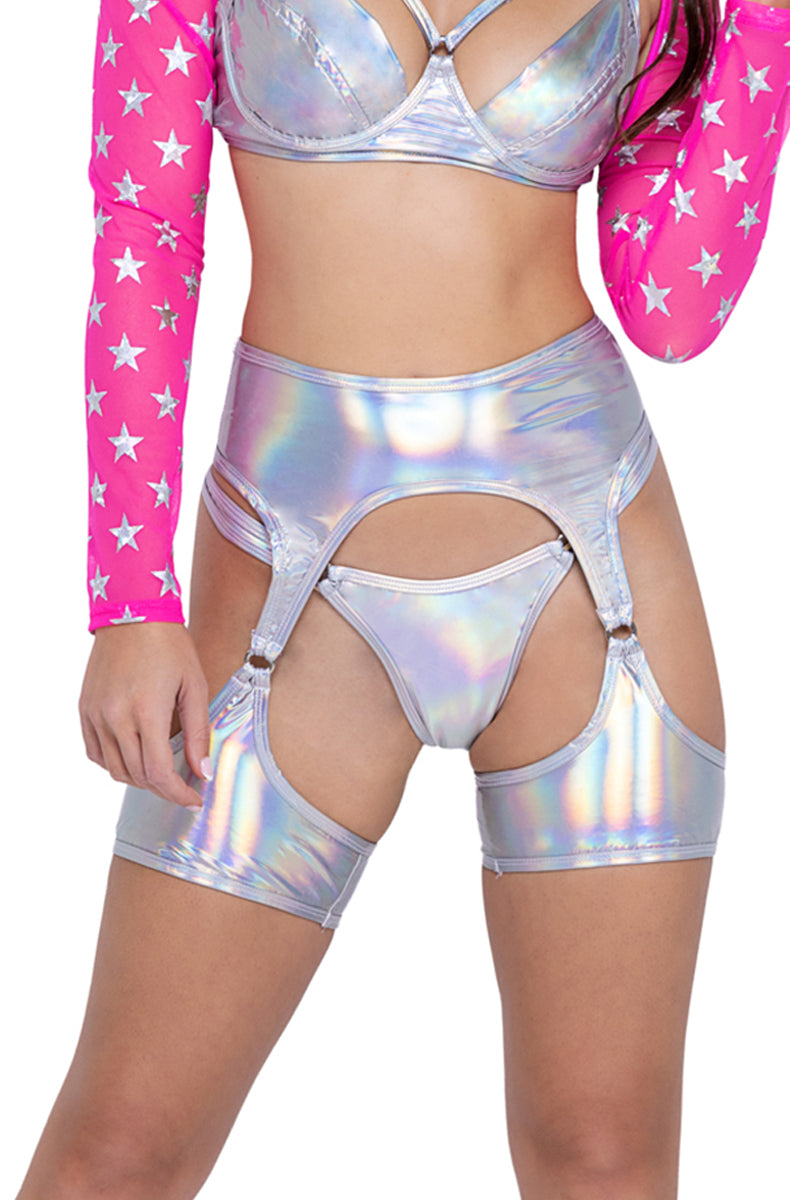 Silver holographic chap-style bottoms with cut-out thigh openings framed by O-ring straps