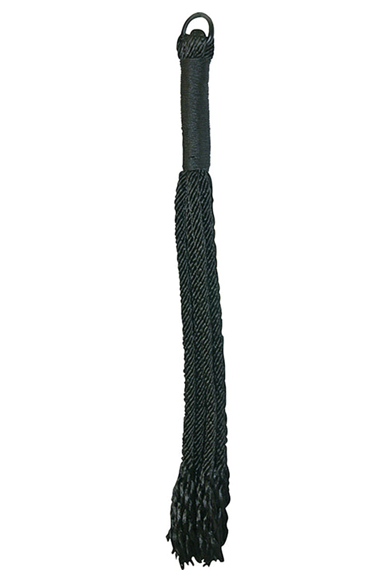 Black braided rope flogger with frayed fall ends, a wrapped handle and a hanging loop
