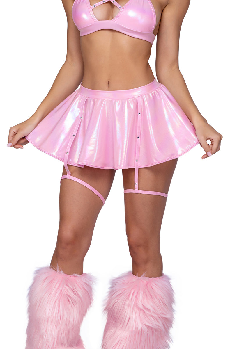 Pink metallic skater mini skirt with rhinestone studs and attached thigh garter straps