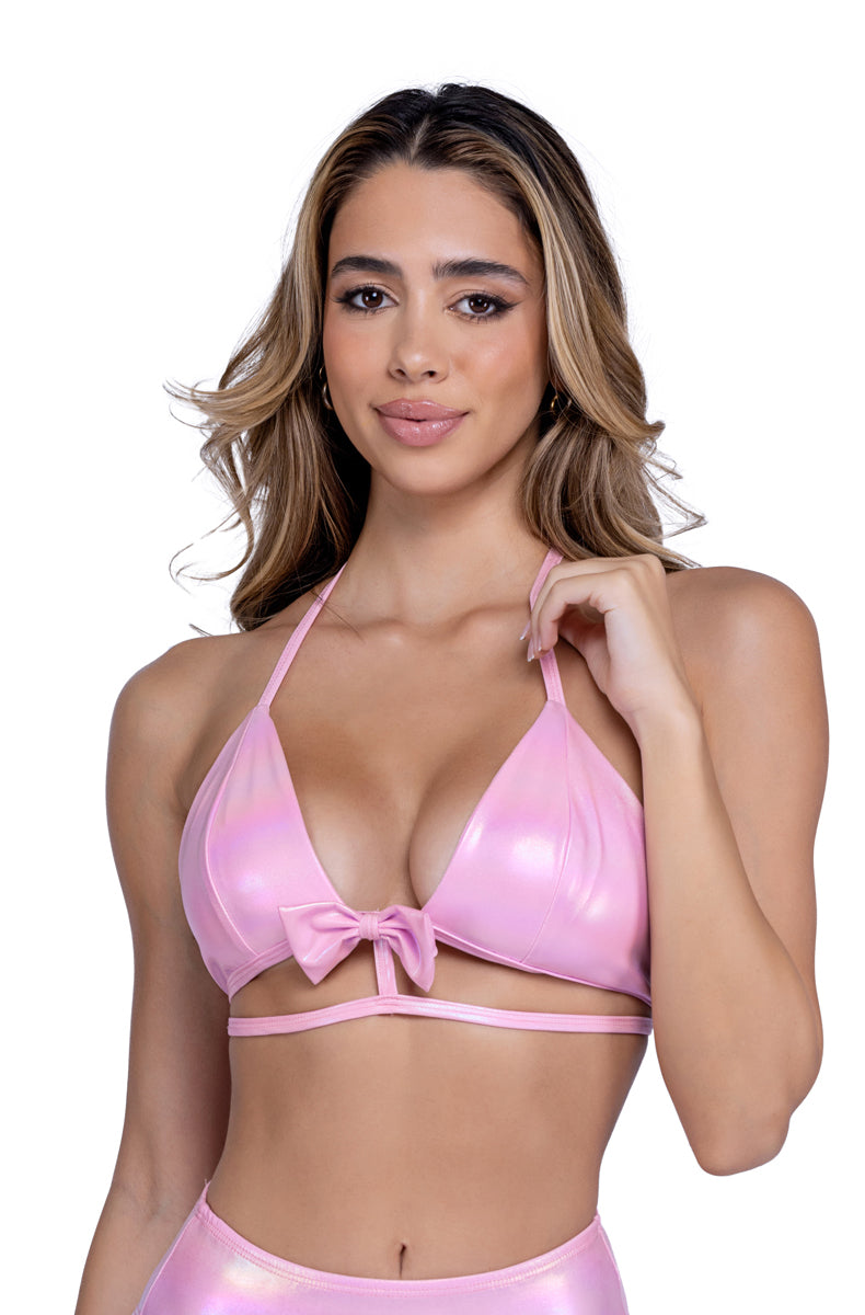 Model wearing metallic pink triangle bikini top with small satin bow detail at the center
