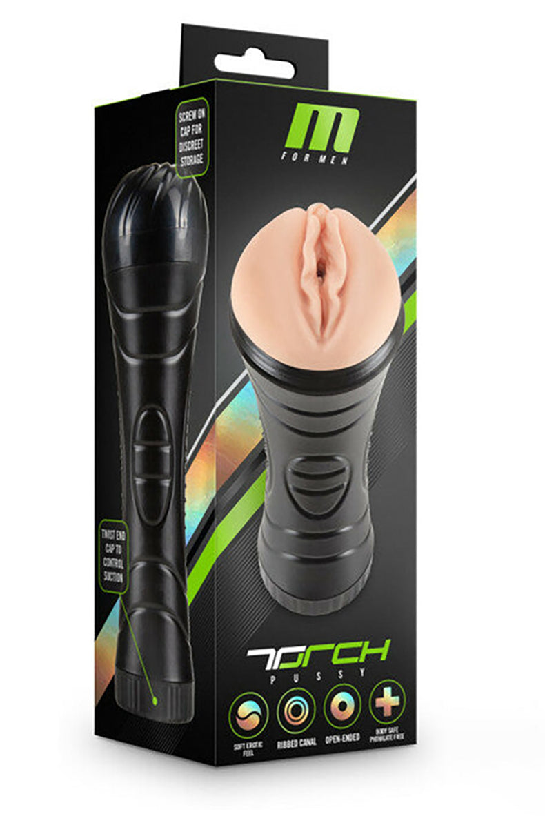 M for Men Torch stroker side view showing the diamond grip pattern on the black ABS canister.