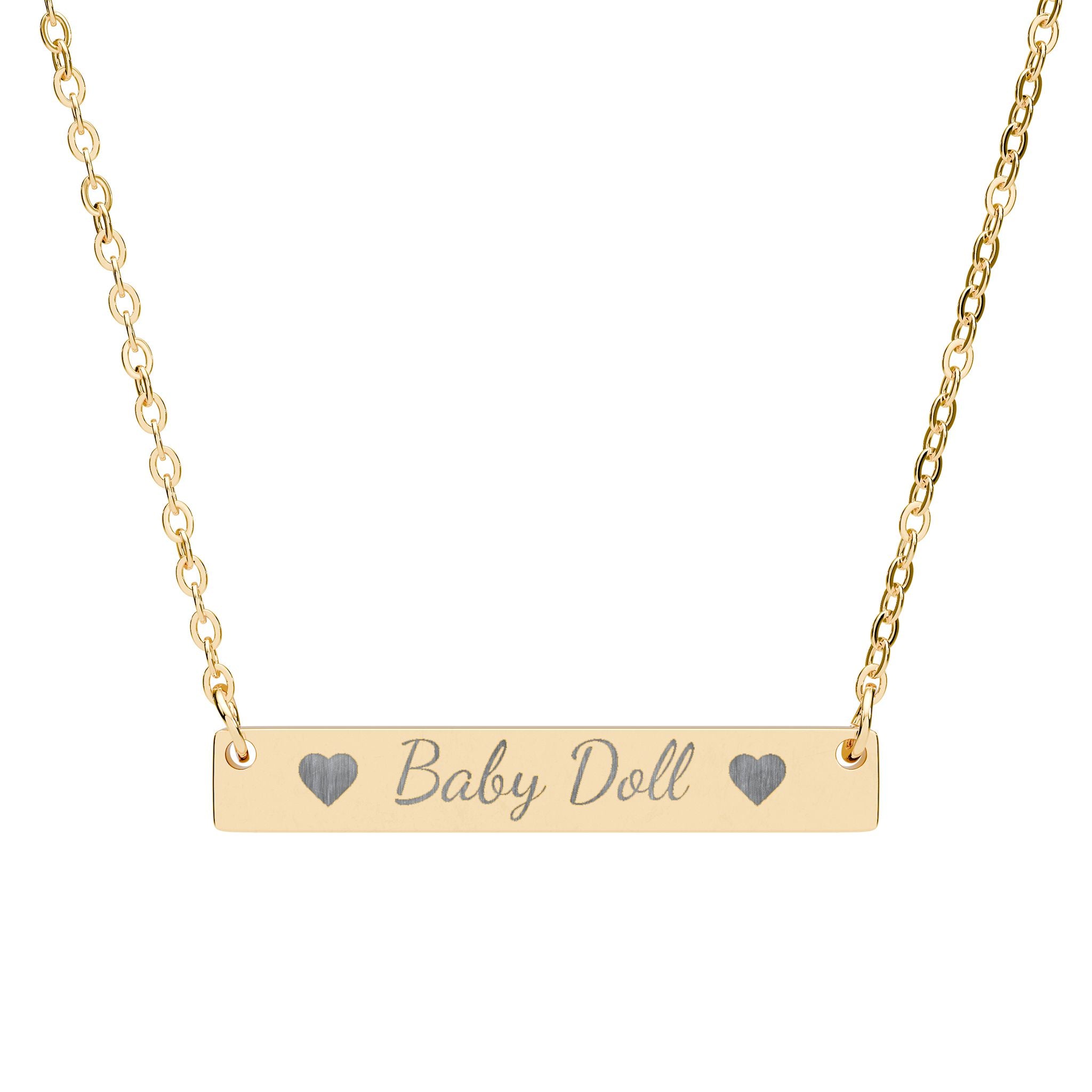 Rose gold necklace with engraved name 'Baby doll' on a white background