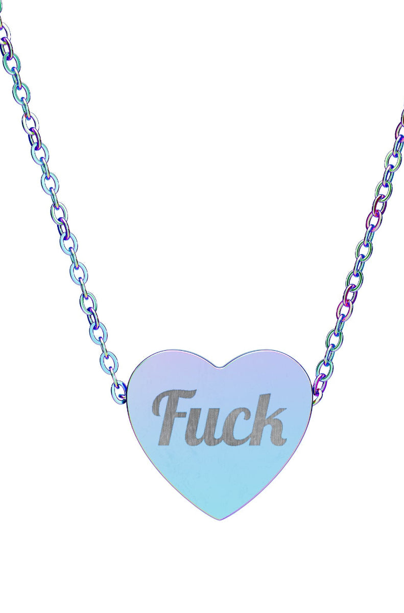 Necklace with a heart-shaped pendant displaying the word 'Fuck' on a white background