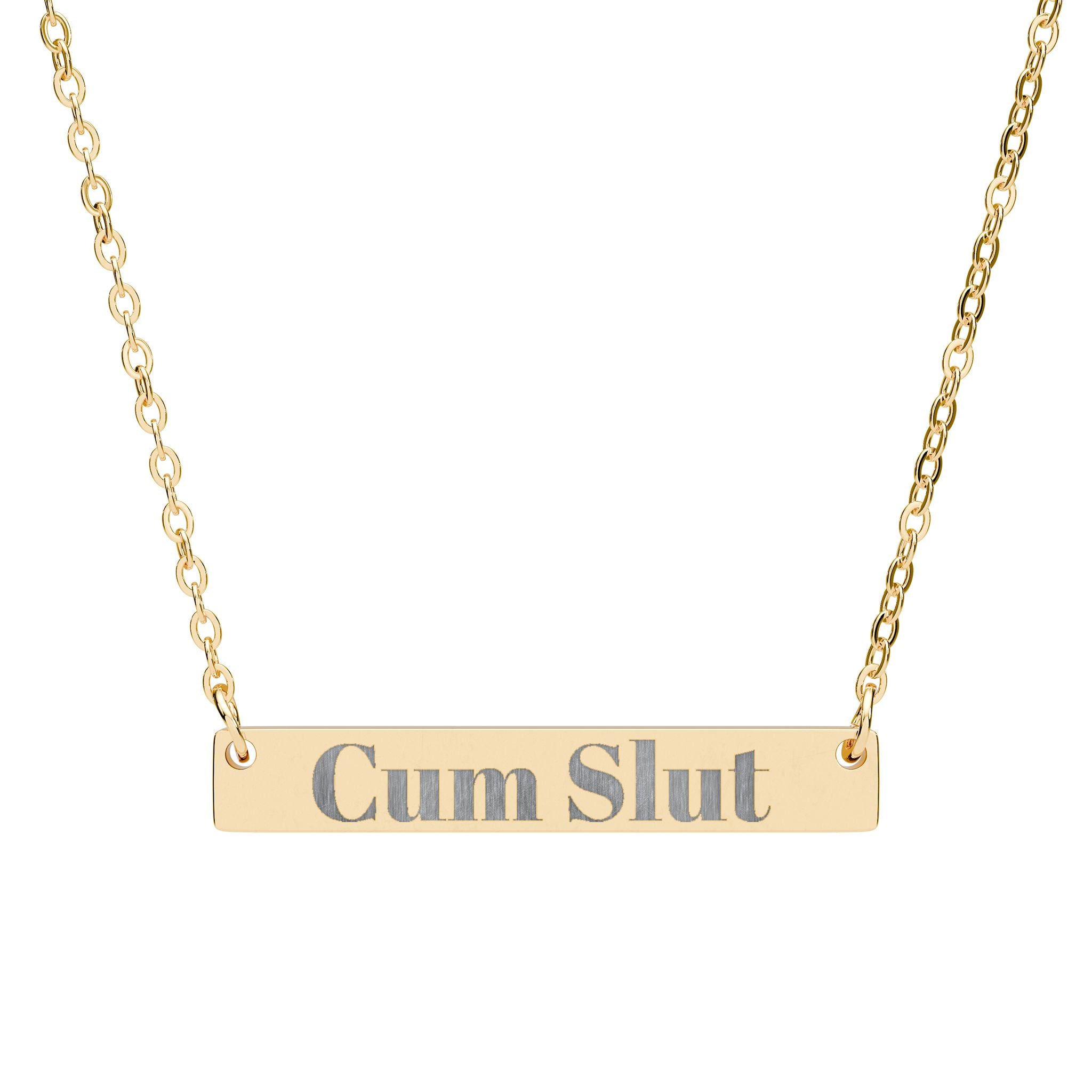 Gold necklace with 'Cum Slut' pendant on a white background