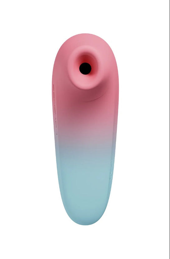 Front view of pink-to-blue gradient suction toy showing circular opening and curved silicone body