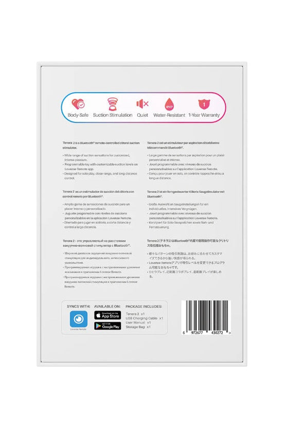 White Lovense retail box with product image and "Tenera 2 Bluetooth Clitoral Suction Stimulator" text