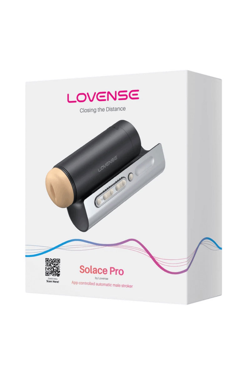 White Lovense Solace Pro product box showing black masturbator device and colorful wave graphics
