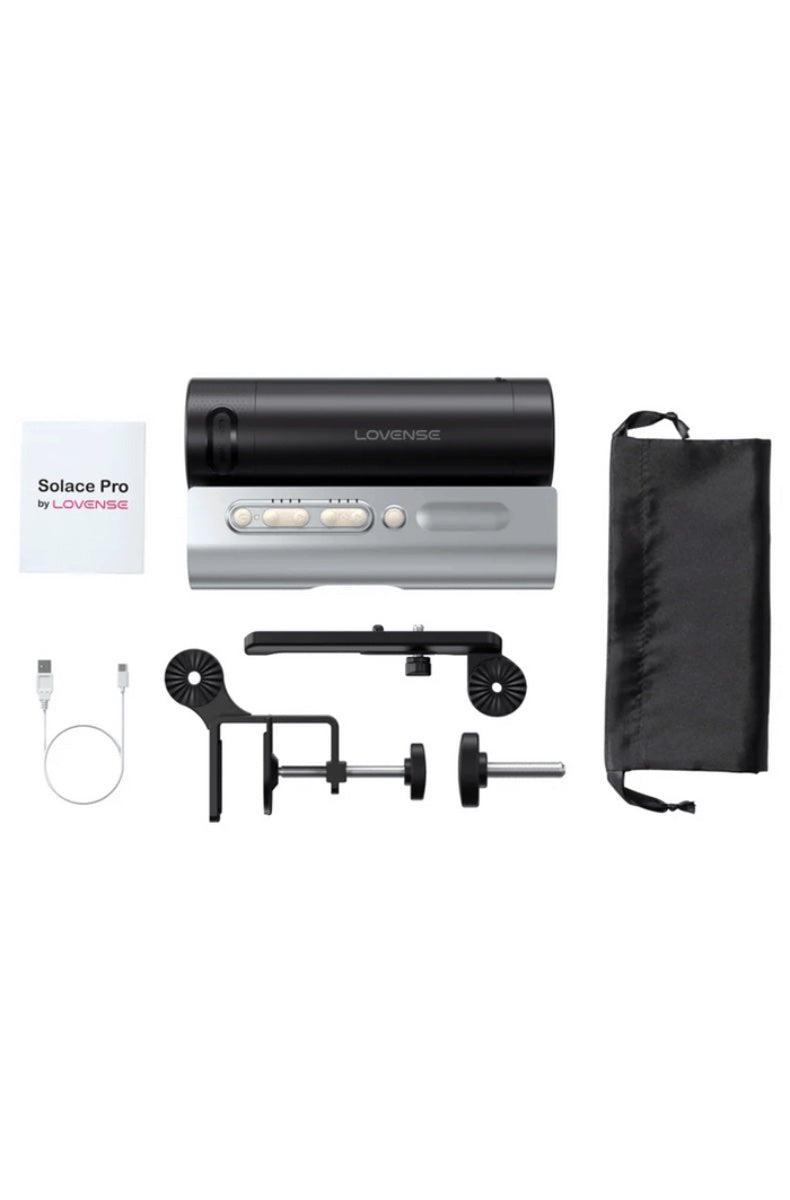 Complete product contents including masturbator, dock, desk mount, USB cable, manual, and black storage bag