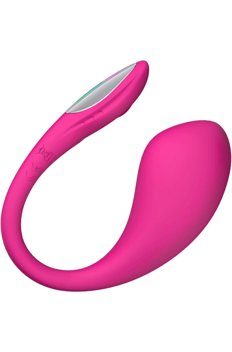 Pink curved G-spot vibrator with oval head and LED light strip showing multi-color indicators
