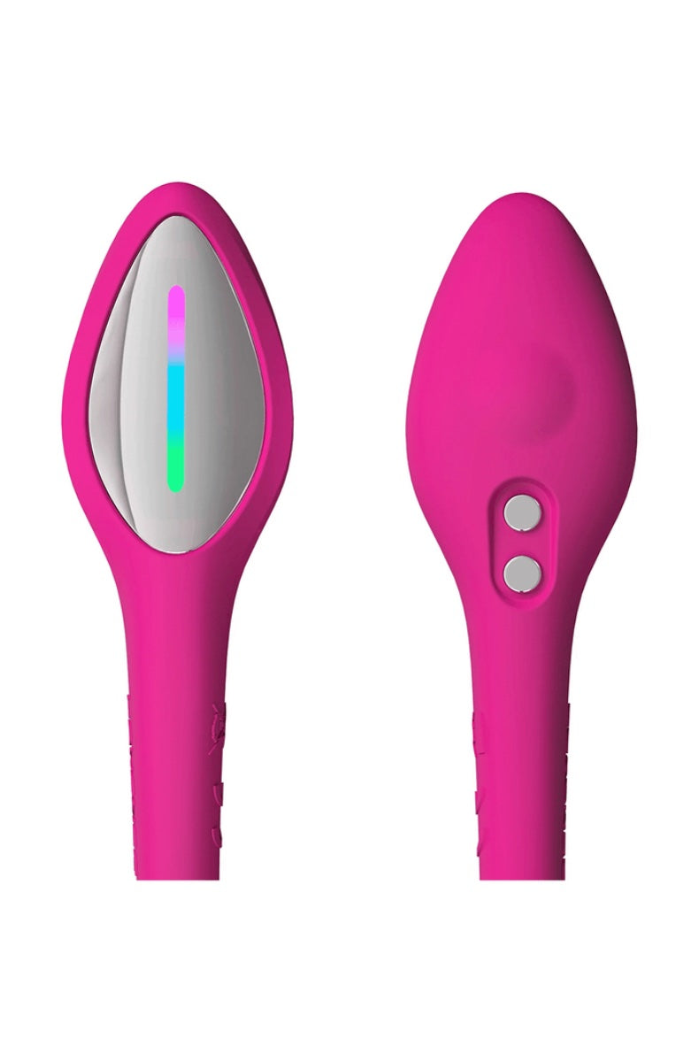 Back view of pink vibrator showing two control buttons and curved insertable shaft