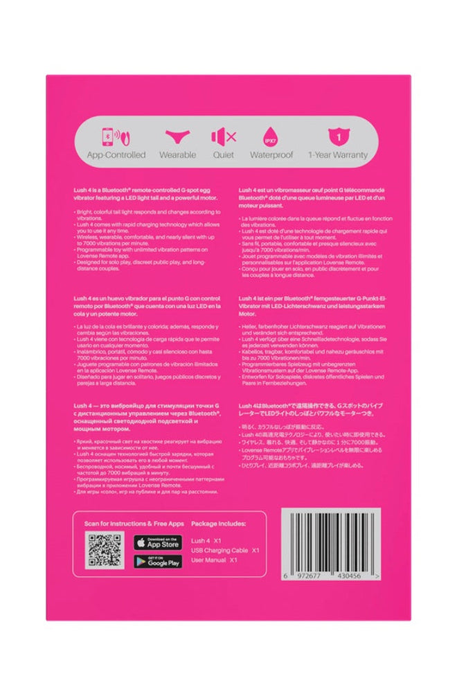 Pink product specifications card showing app-controlled, wearable, quiet, waterproof, and warranty icons