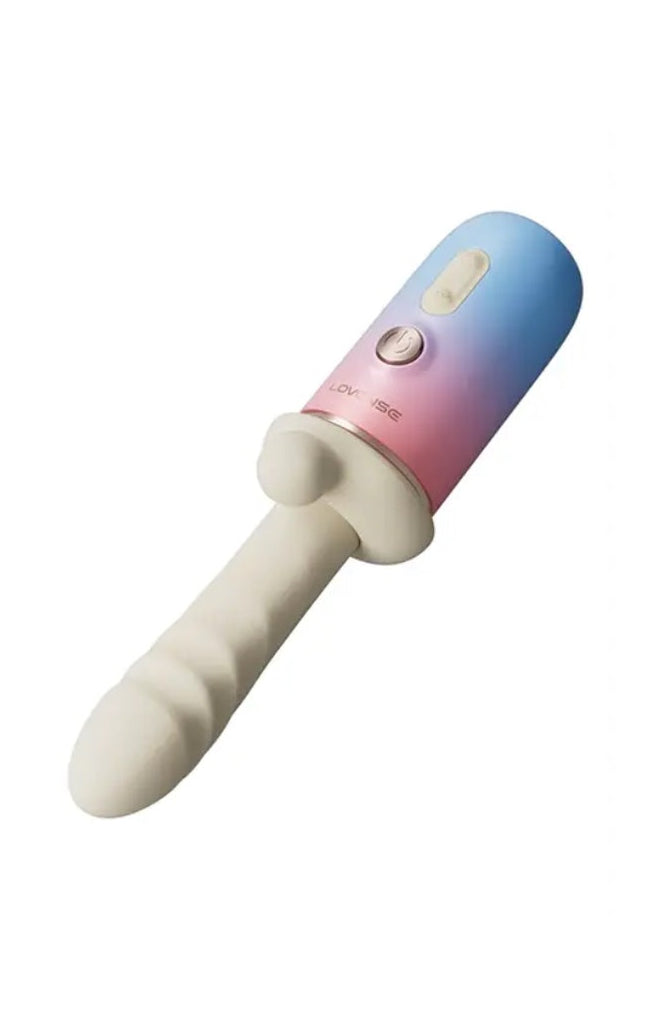 Front view of blue-pink gradient thrusting vibrator with cream silicone shaft and control buttons