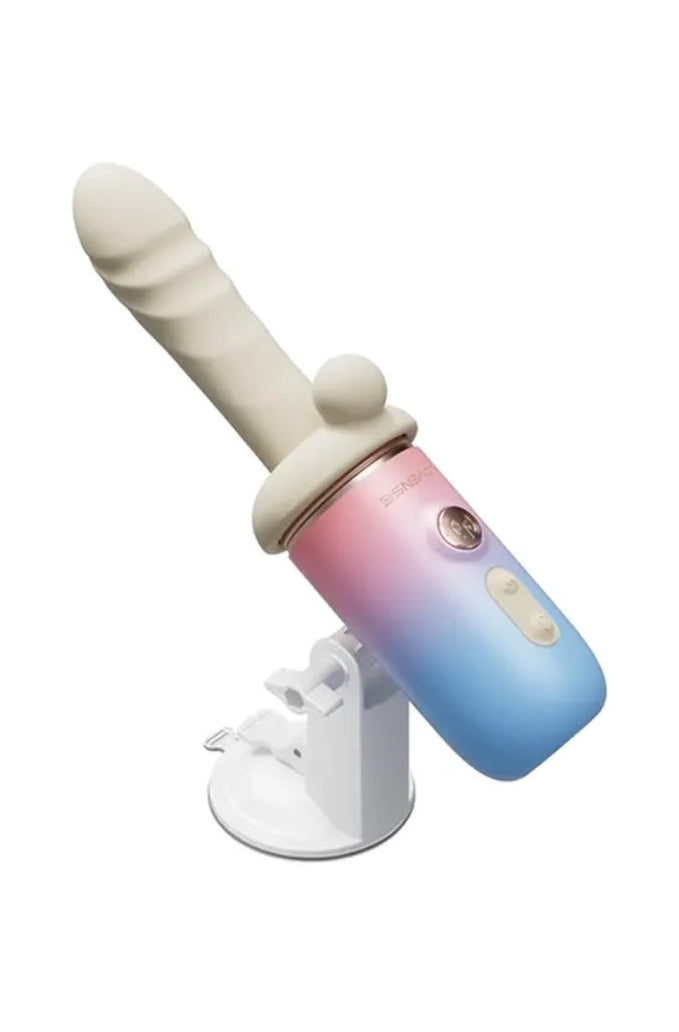 Side view of vibrator mounted on white suction cup stand showing angle adjustment