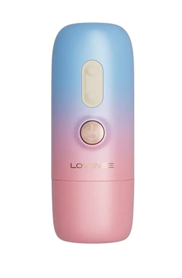 Back view of blue-pink gradient motor housing showing Lovense branding and oval control button