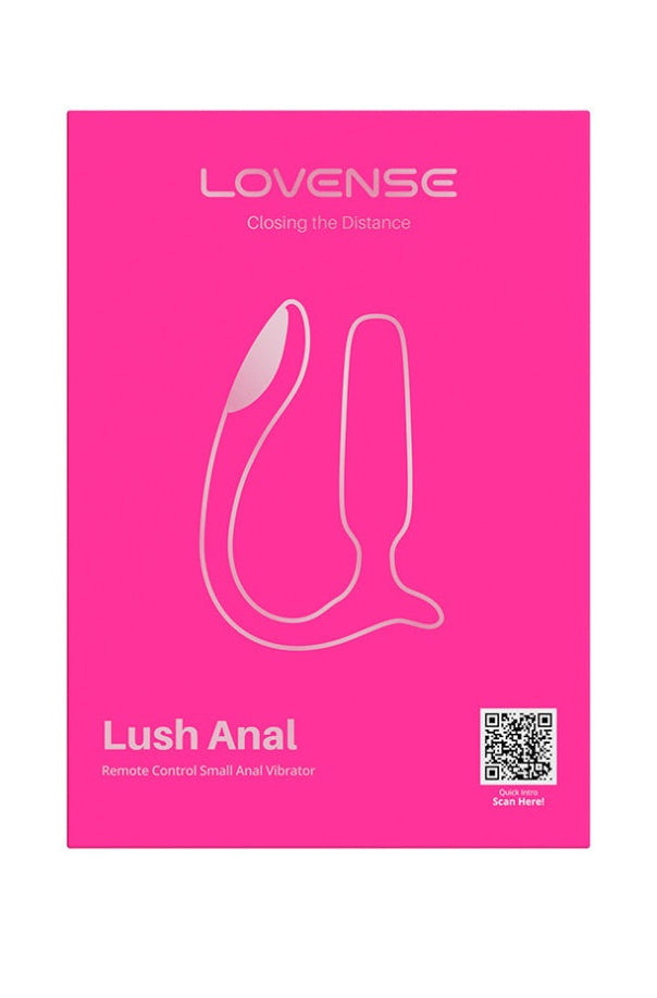 Pink silicone anal plug with curved tail and LED light panel on white background