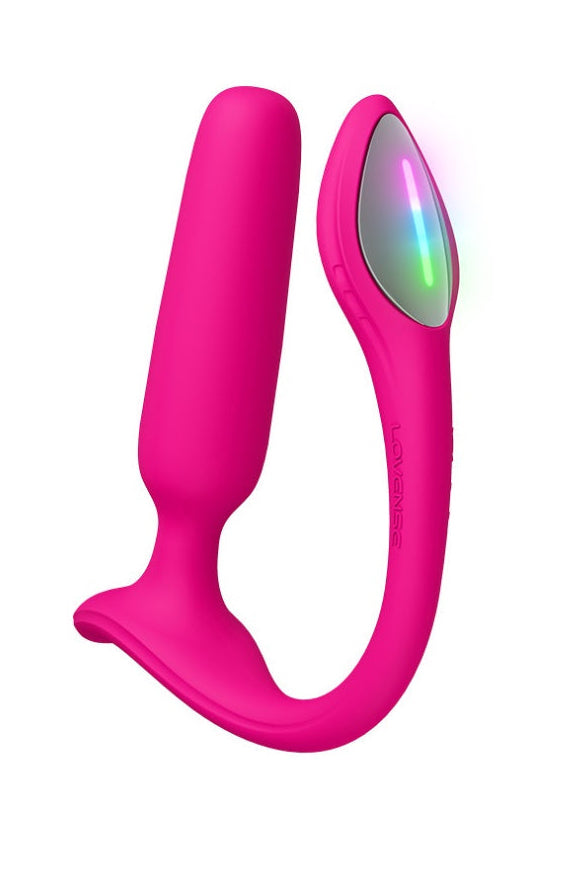 Side view of pink anal plug showing T-shaped flared base and smooth tapered tip