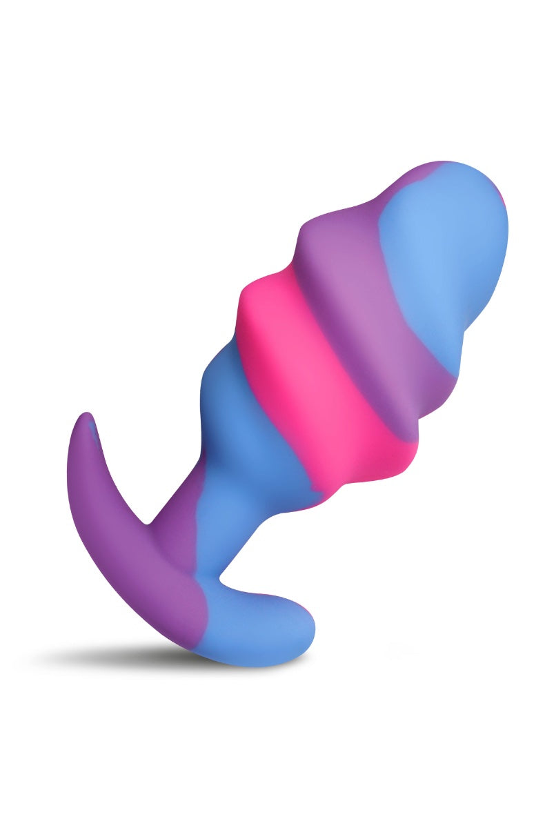 Front view of twisted butt plug in purple-pink-blue gradient silicone with swirl ridges and flared base