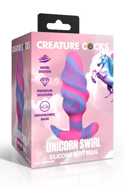 Back view of silicone butt plug showing curved flared base and swirl pattern in purple-pink-blue gradient