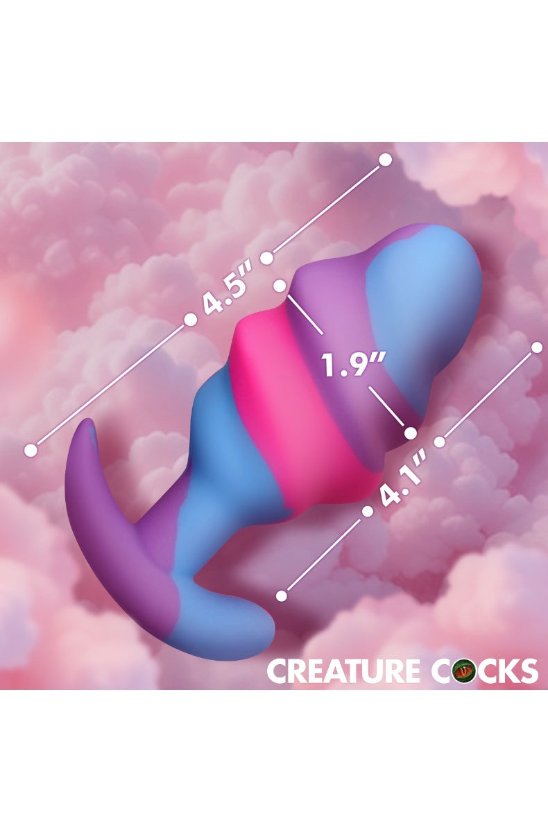 Side view of purple-pink-blue swirl butt plug on pink clouds background with measurement annotations showing dimensions