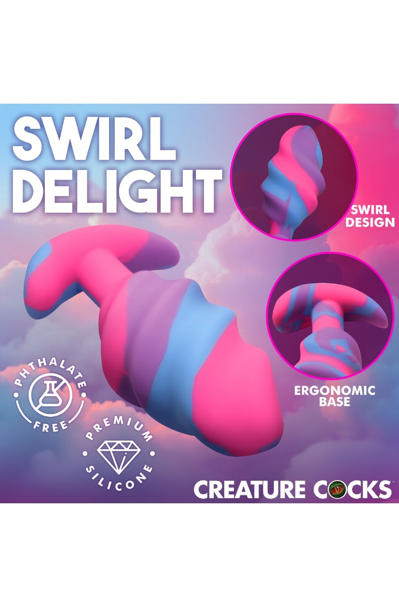Angled view of gradient silicone butt plug on blue-pink background with phthalate-free and premium silicone badges