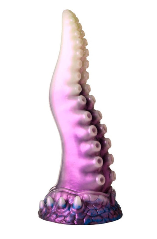 Front view of curved tentacle dildo in purple to pearl ombre with raised sucker texture along shaft