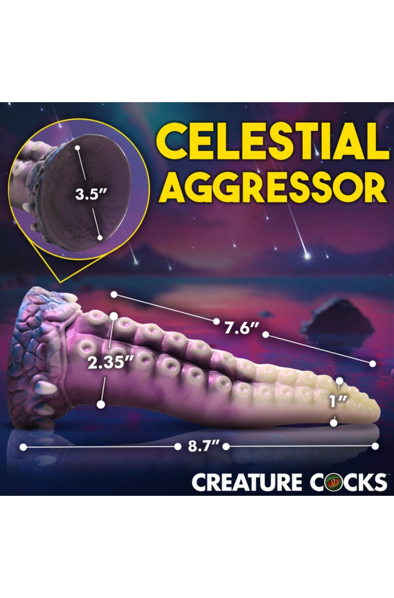 Side view of tentacle dildo showing 8.7 inch total length with measurement callouts on cosmic background