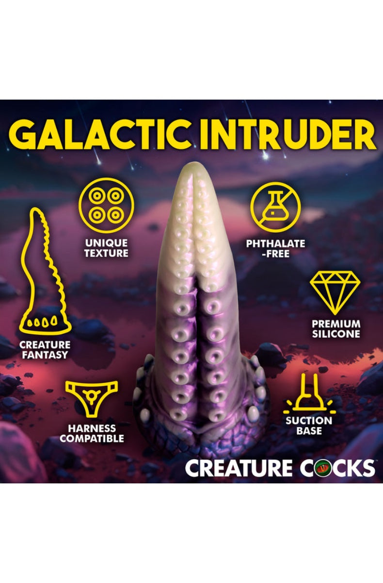 Front view of tentacle dildo with feature callouts including suction base and harness compatibility on space background
