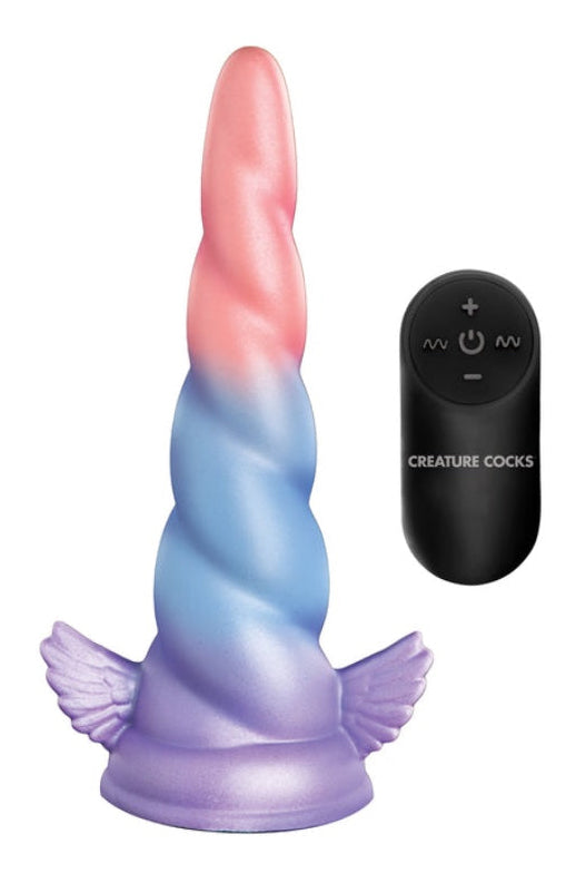 Front view of unicorn horn dildo in coral-blue-purple ombre with spiral ridges, wing details at base, and black wireless remote