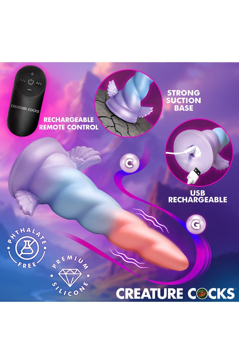 Feature callouts showing suction base, USB charging port, phthalate-free and premium silicone badges