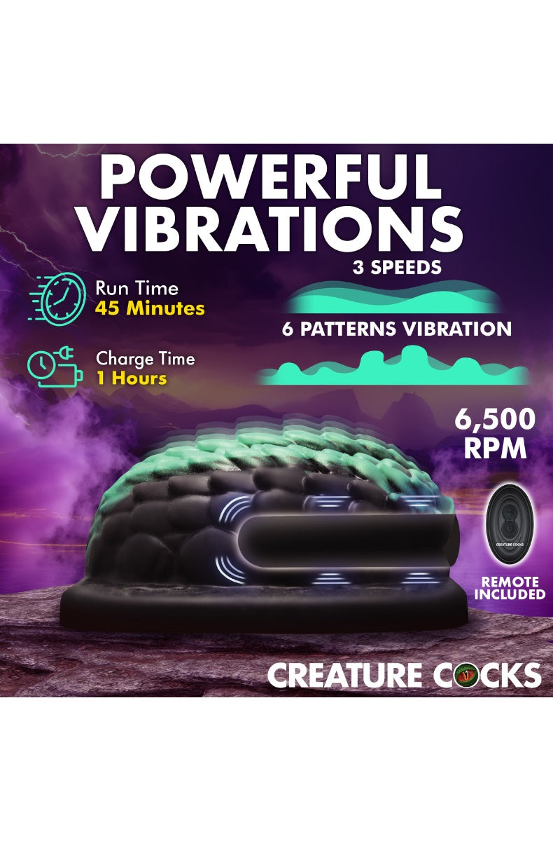 Dragon grinder worn on model's thighs showing textured turquoise surface and red eye LED
