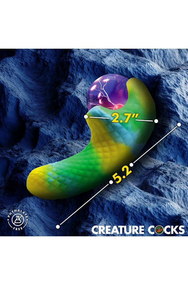 C-shaped green-yellow-blue silicone vibrator with purple plasma eye showing electric sparks and dual motor placement